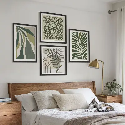 Set van posters met lijst bladeren en golven met pastelkleurige illustraties