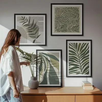 Set van posters met lijst bladeren en golven met pastelkleurige illustraties