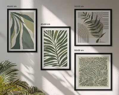 Set van posters met lijst bladeren en golven met pastelkleurige illustraties