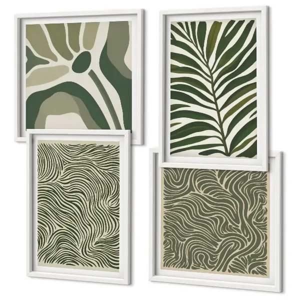 Set posters met lijst met bladpatronen en golvende vormen