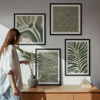 Set posters met lijst met bladpatronen en golvende vormen