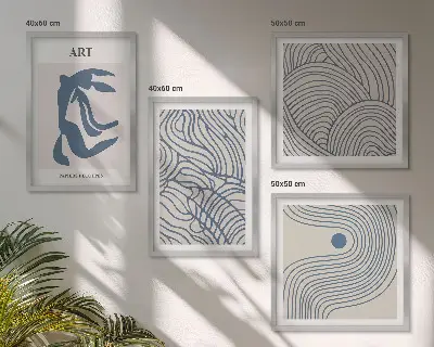 Set posters met lijst Abstracte blauwe lijnen set posters met lijst
