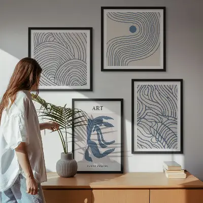Set posters met lijst Abstracte blauwe lijnen set posters met lijst