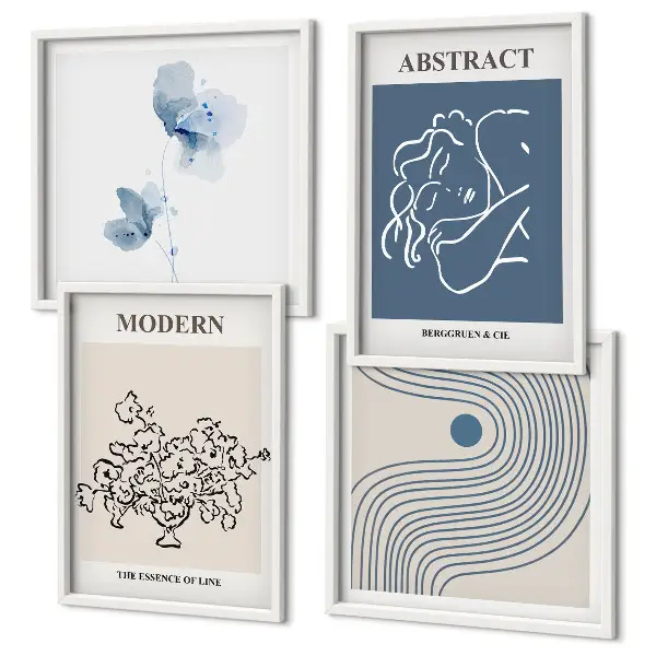 Abstracte posters met bloemen en lijnen set inclusief lijsten