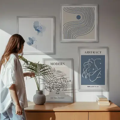 Abstracte posters met bloemen en lijnen set inclusief lijsten