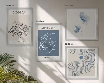 Abstracte posters met bloemen en lijnen set inclusief lijsten