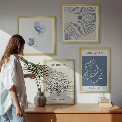 Abstracte posters met bloemen en lijnen set inclusief lijsten