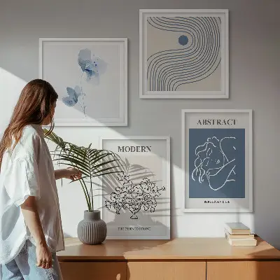 Abstracte posters met bloemen en lijnen set inclusief lijsten