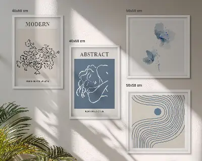 Abstracte posters met bloemen en lijnen set inclusief lijsten