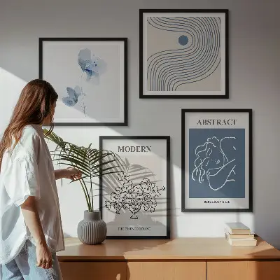 Abstracte posters met bloemen en lijnen set inclusief lijsten