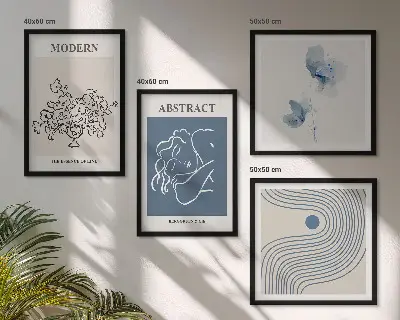 Abstracte posters met bloemen en lijnen set inclusief lijsten