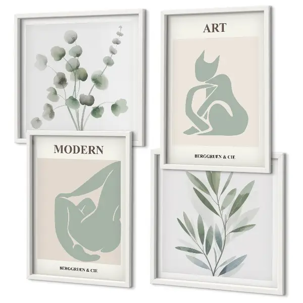 Plantmotieven, delicaat groen meerluik in lijst