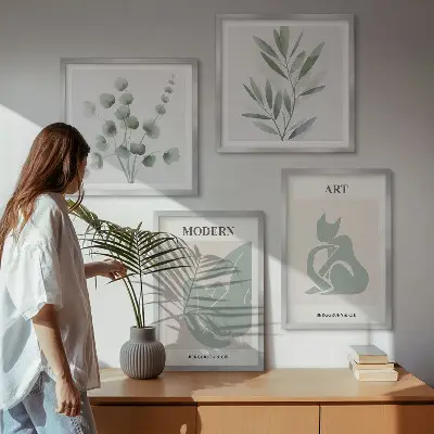 Plantmotieven, delicaat groen meerluik in lijst