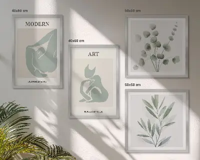 Plantmotieven, delicaat groen meerluik in lijst