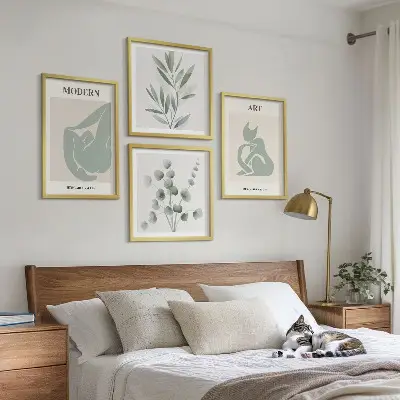 Plantmotieven, delicaat groen meerluik in lijst