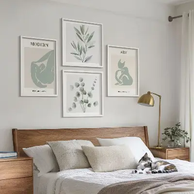 Plantmotieven, delicaat groen meerluik in lijst