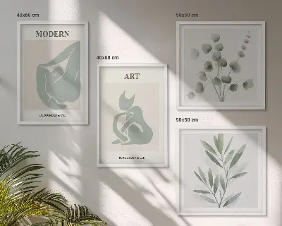 Plantmotieven, delicaat groen meerluik in lijst