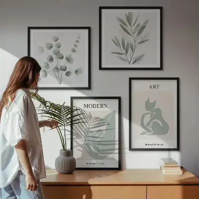 Plantmotieven, delicaat groen meerluik in lijst