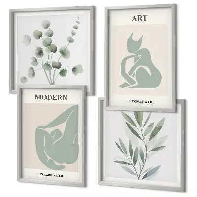 Plantmotieven, delicaat groen meerluik in lijst