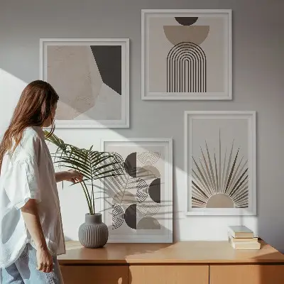 Abstracte beige en bruine vormen meerluik in lijst