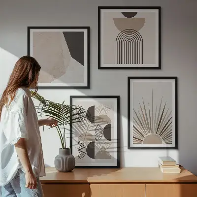 Abstracte beige en bruine vormen meerluik in lijst