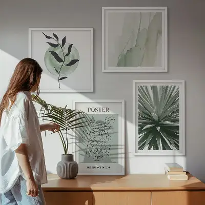 Set posters met lijst met groenbeige plantpatronen