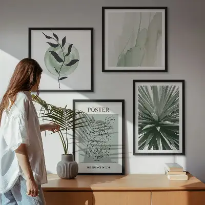 Set posters met lijst met groenbeige plantpatronen