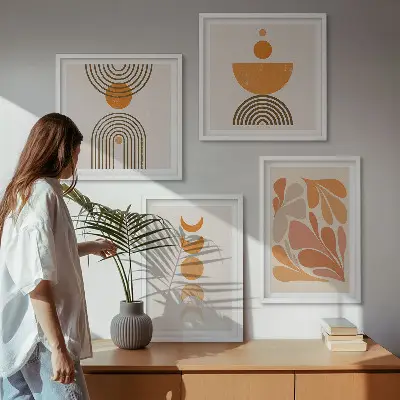 Abstracte oranje vormen set van posters met lijst