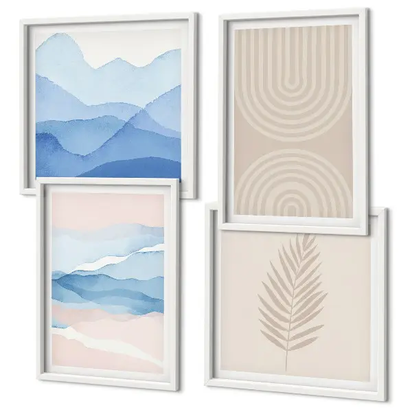 Bladeren golven beige blauw meerluik in lijst