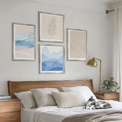 Bladeren golven beige blauw meerluik in lijst