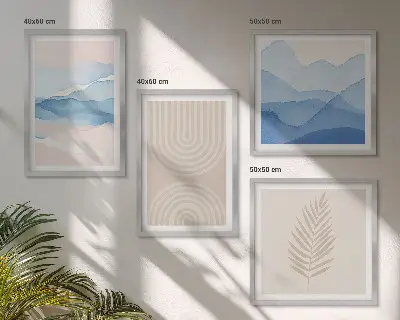 Bladeren golven beige blauw meerluik in lijst