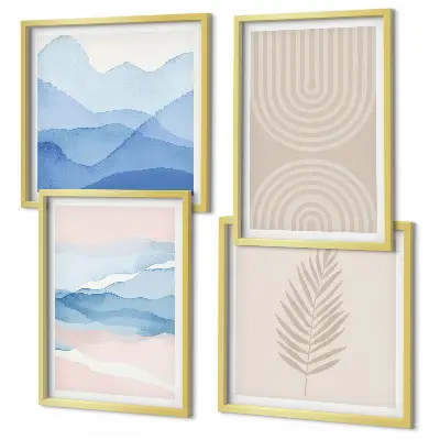 Bladeren golven beige blauw meerluik in lijst