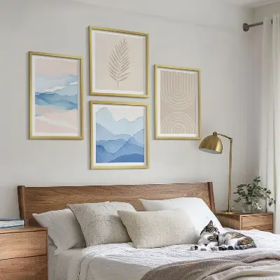 Bladeren golven beige blauw meerluik in lijst