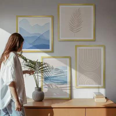 Bladeren golven beige blauw meerluik in lijst