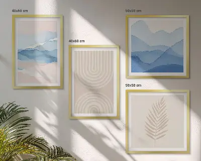 Bladeren golven beige blauw meerluik in lijst