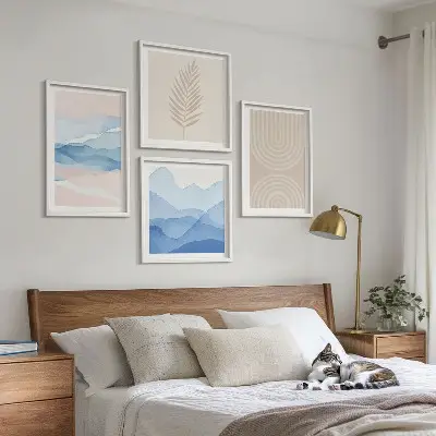 Bladeren golven beige blauw meerluik in lijst