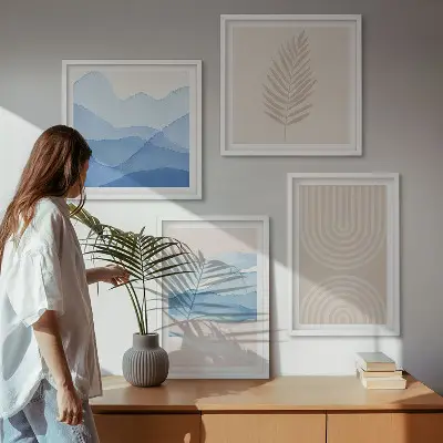 Bladeren golven beige blauw meerluik in lijst