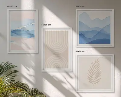 Bladeren golven beige blauw meerluik in lijst