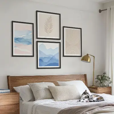 Bladeren golven beige blauw meerluik in lijst