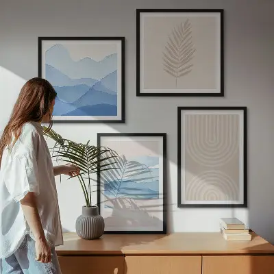 Bladeren golven beige blauw meerluik in lijst