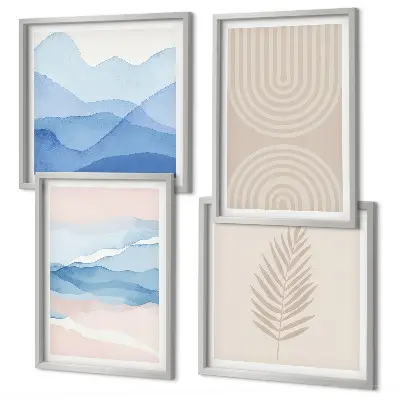 Bladeren golven beige blauw meerluik in lijst
