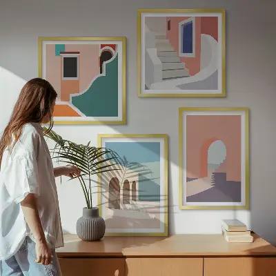 Set posters met lijst minimalistisch design in pastelkleuren