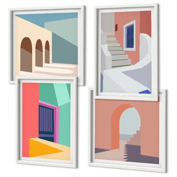 Kleurrijke moderne gebouwen set posters met lijst