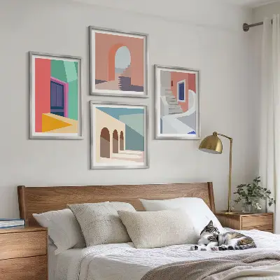 Kleurrijke moderne gebouwen set posters met lijst