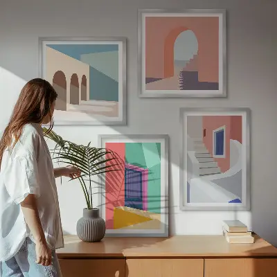 Kleurrijke moderne gebouwen set posters met lijst