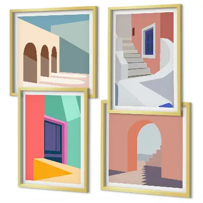 Kleurrijke moderne gebouwen set posters met lijst