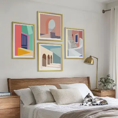 Kleurrijke moderne gebouwen set posters met lijst