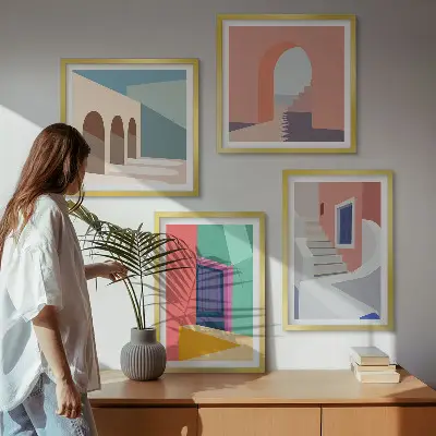 Kleurrijke moderne gebouwen set posters met lijst