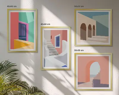 Kleurrijke moderne gebouwen set posters met lijst