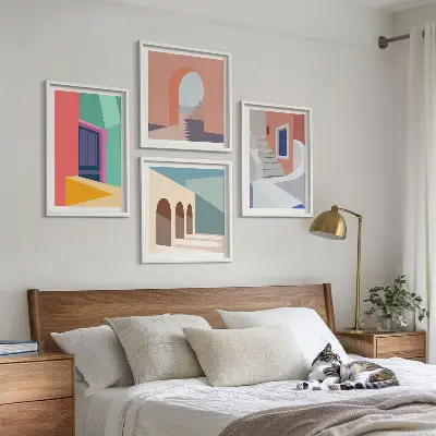 Kleurrijke moderne gebouwen set posters met lijst